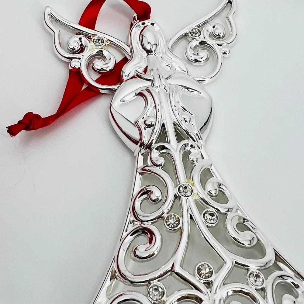 LENOX Sparkle and Scroll Clear Crystal Silver-plated Angel Ornament 5” Ribboned